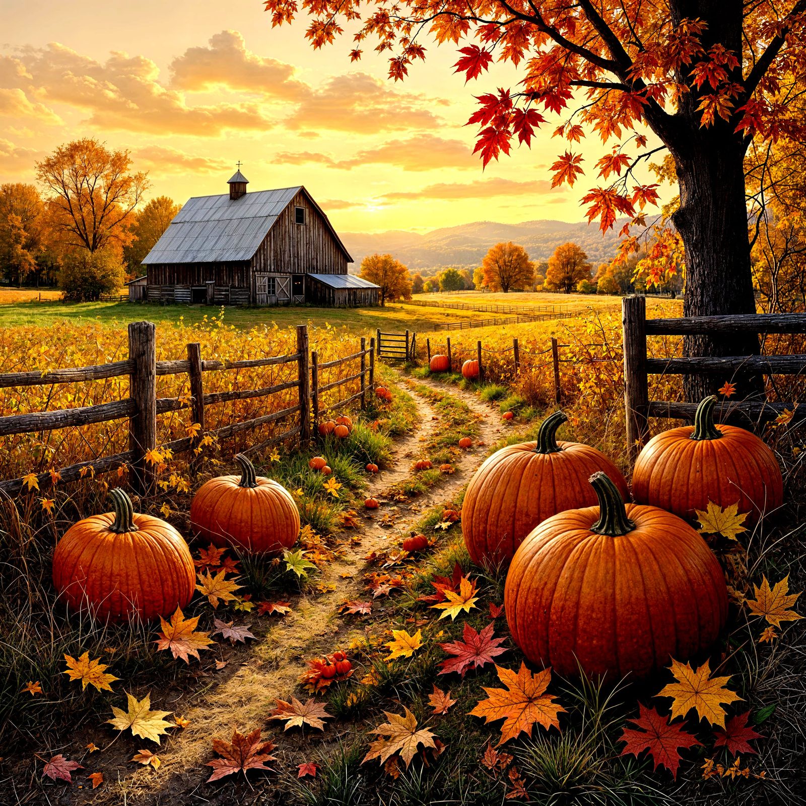 Autumn Farm with Pumpkins and Fall Colors
