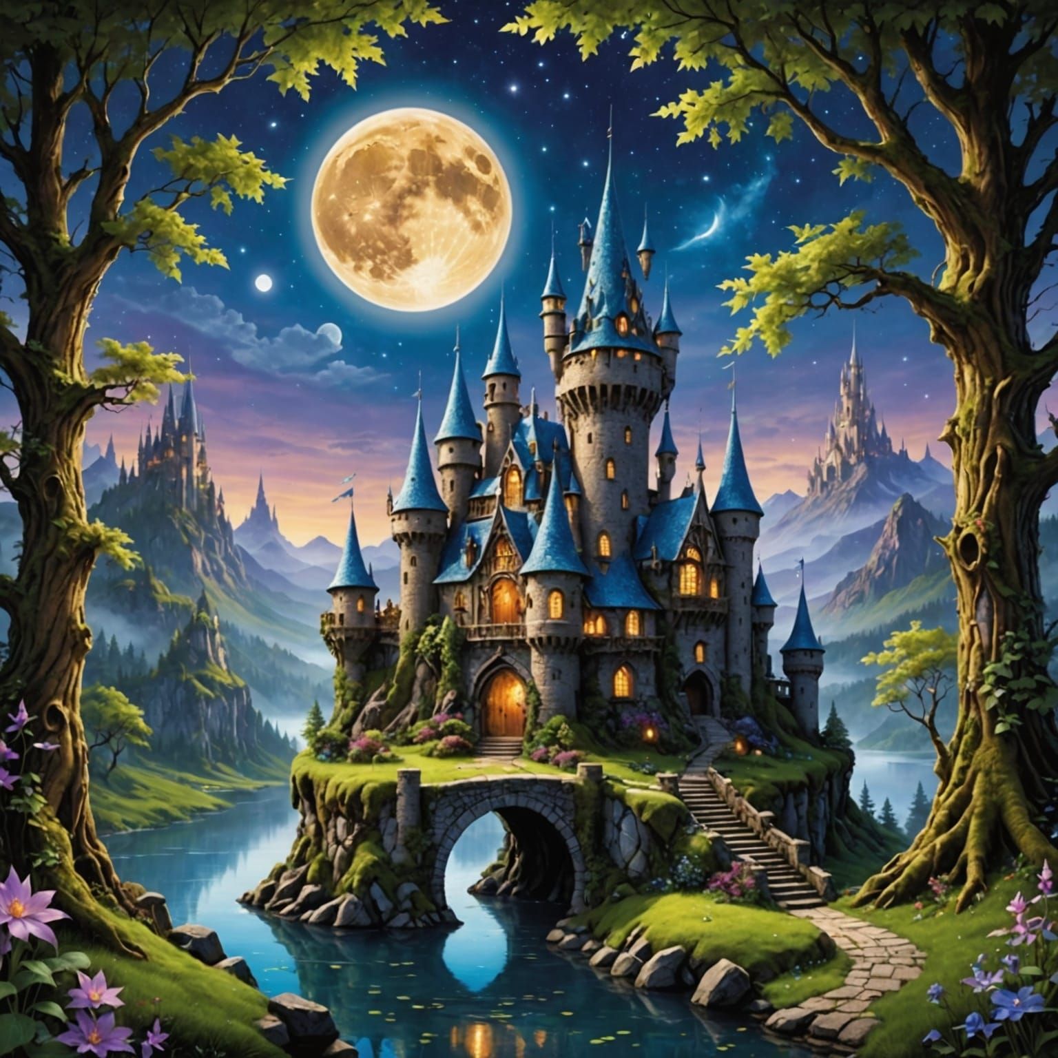 Enchanted Fantasy World with Fairie, Dragon, and Magical Cas...