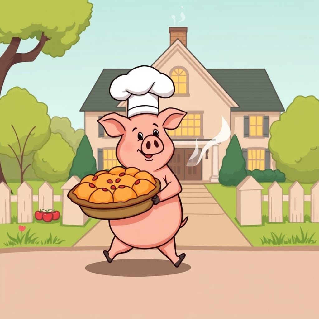 Cartoon Chef Pig Delivering Apple Pie