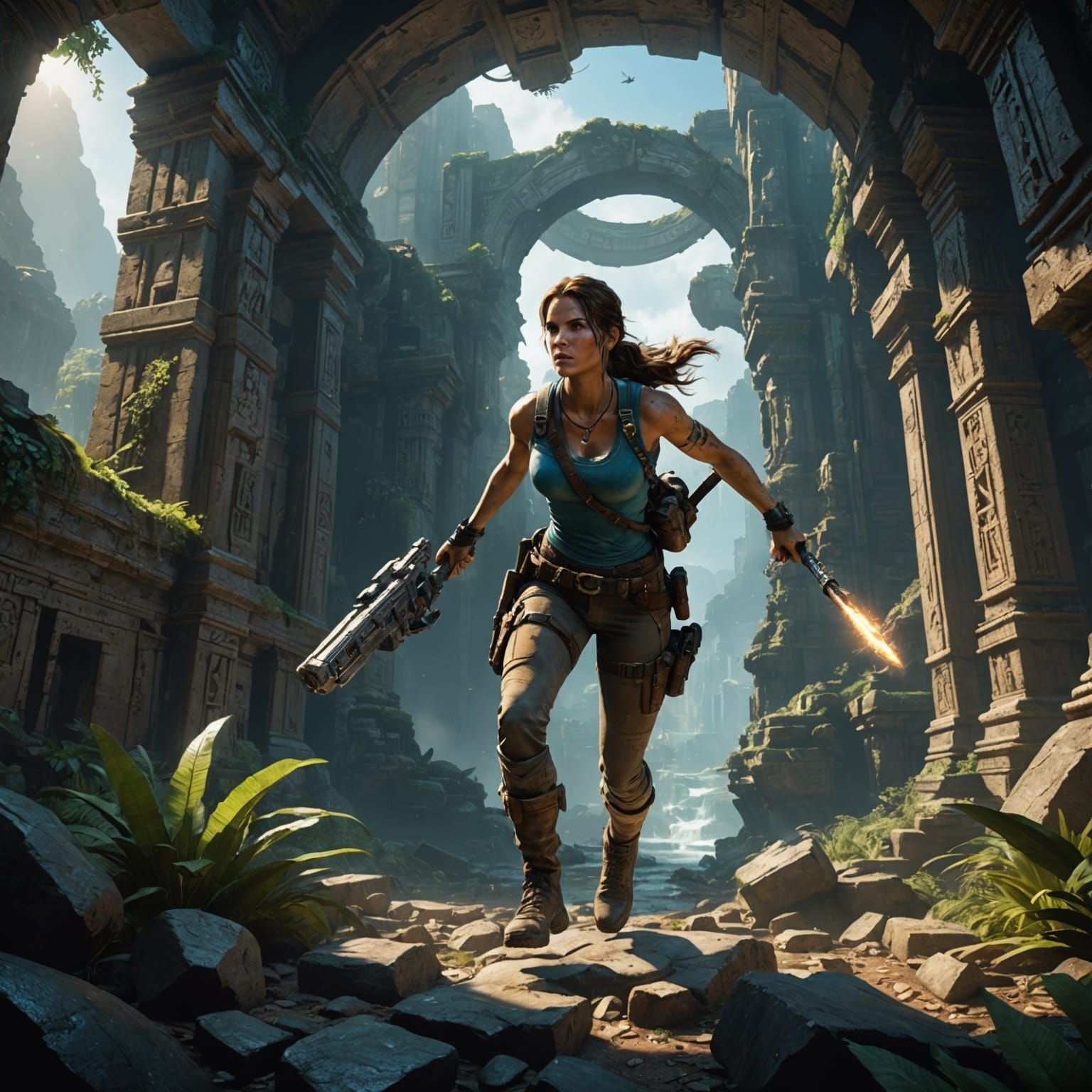 Cosmic Lara Croft: Camera Angle: Action shot from below, cap...