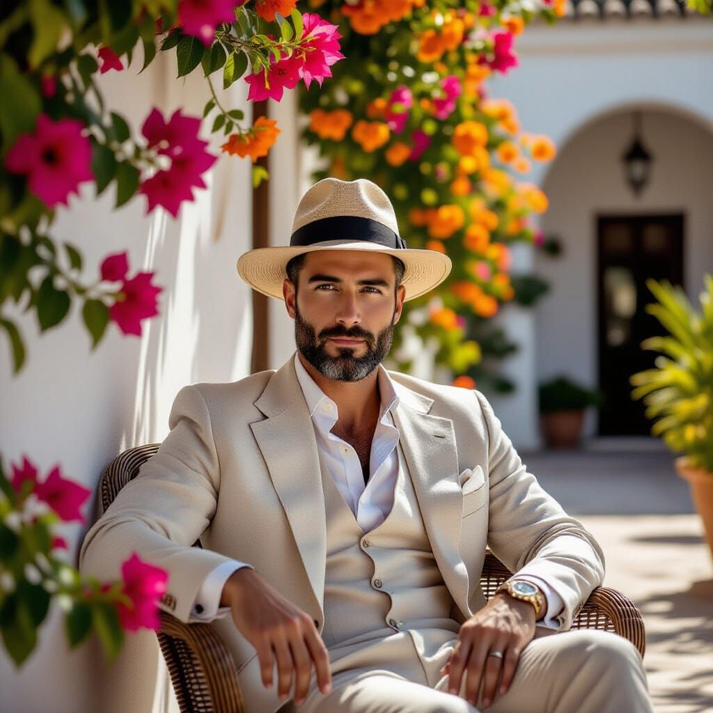 Elegant Gentleman Lounging in Seville Courtyard