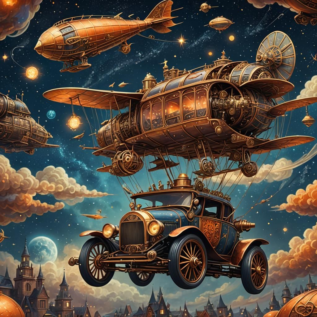 Flying Antique Car in Steampunk Fantasy Style