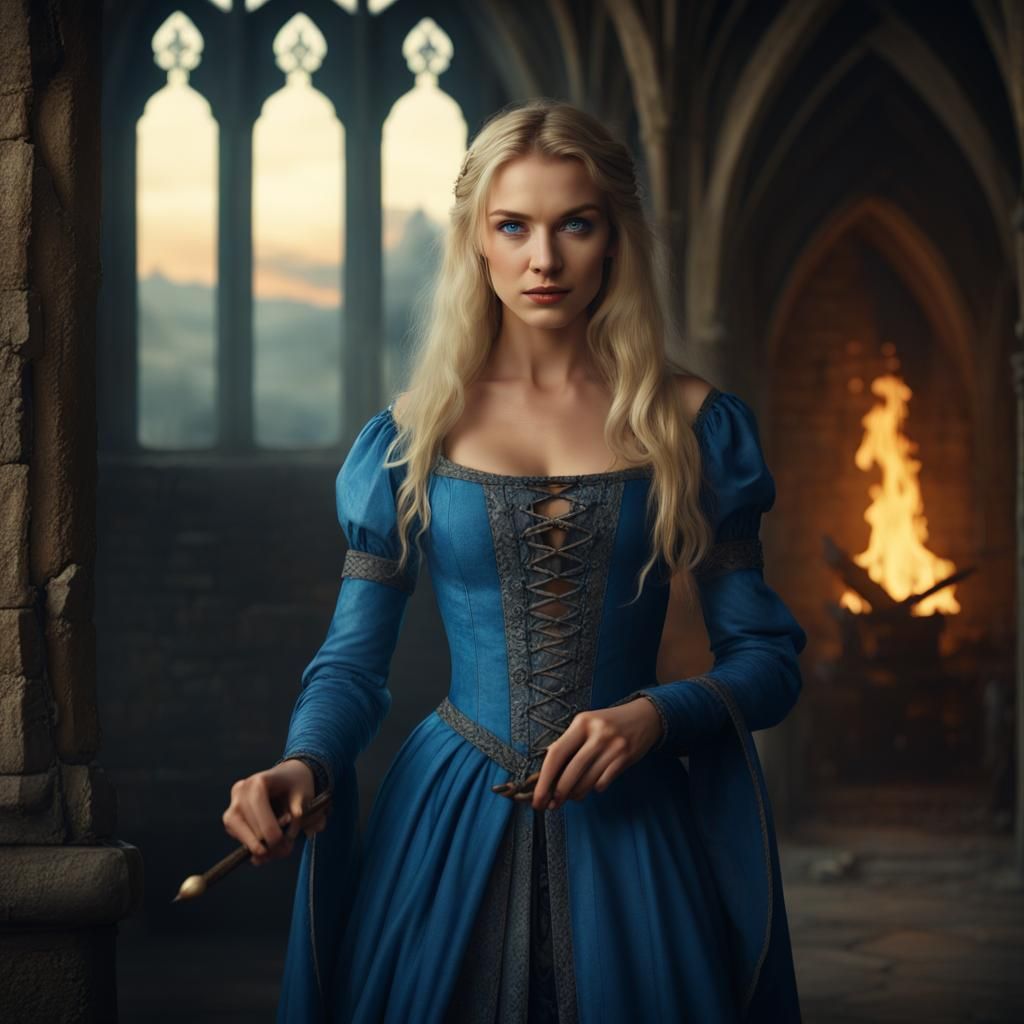 Medieval Woman Burns Spindle in Gothic Tower