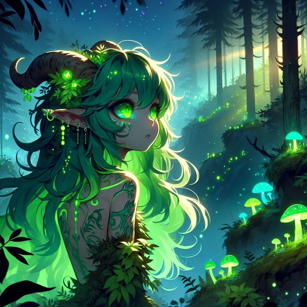 Anime Satyr Girl in Bioluminescent Rainforest