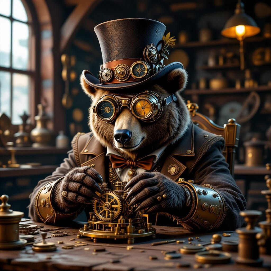 Steampunk Bear Tinkers with Clockwork in Dusty Workshop