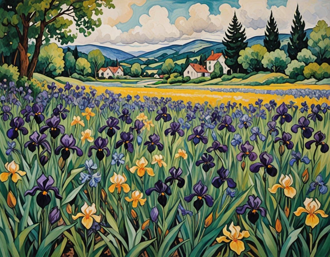 Lush Field of Irises in Vibrant Colors and Expressive Brushs...