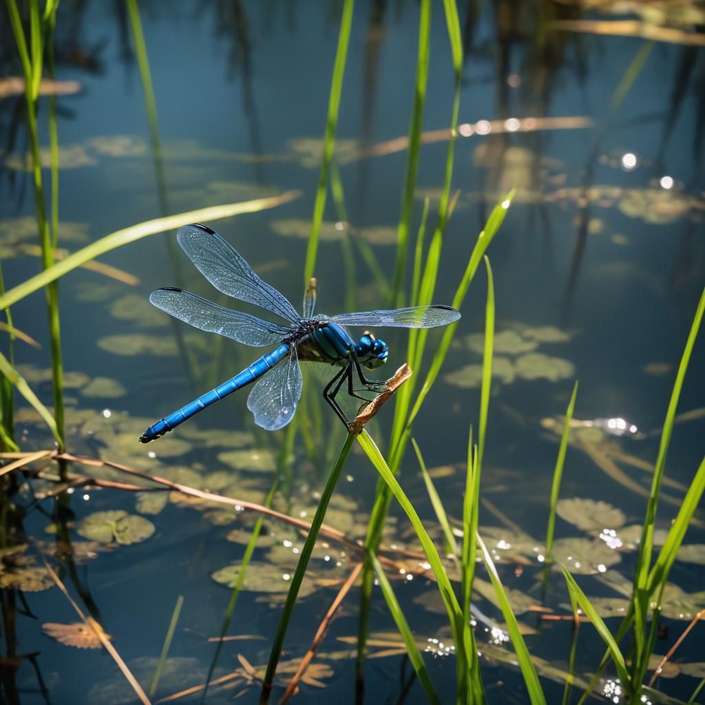 Blue Dragonfly Perched in Forest Pond: Macrophotography