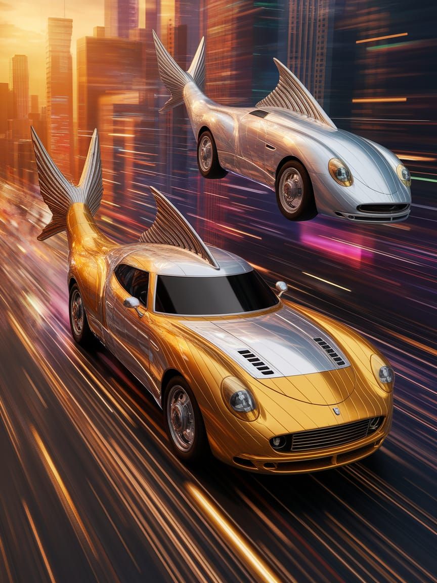 Steampunk Fish Cars Flying Through a Surreal Cityscape