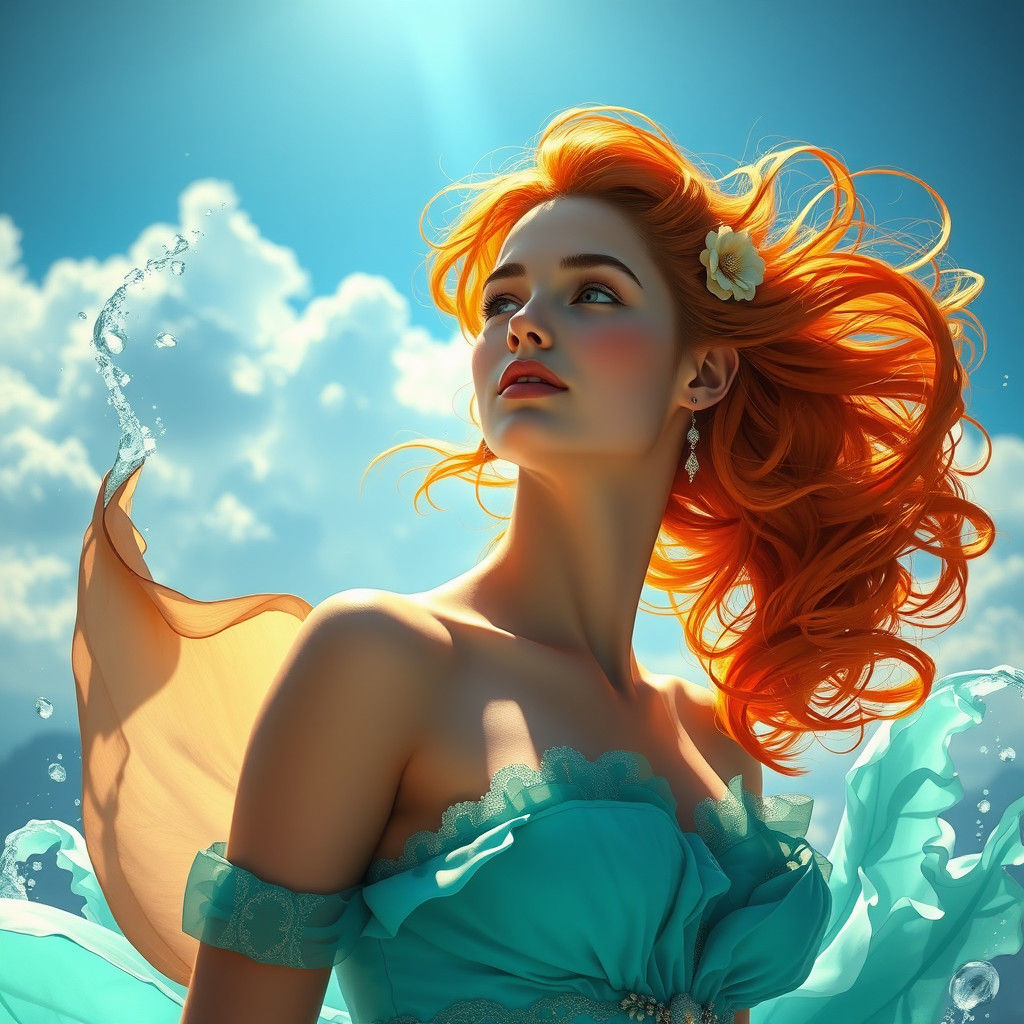 Stunning Redhead in Aqua Dress: Rococo Fantasy Art