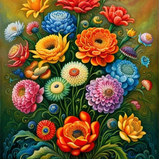 Rainbow Flower Bouquet in Visionary Art Style