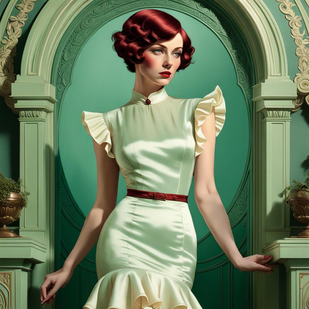 Vintage Mint Dress Portrait in Hyperdetailed Fantasy Style