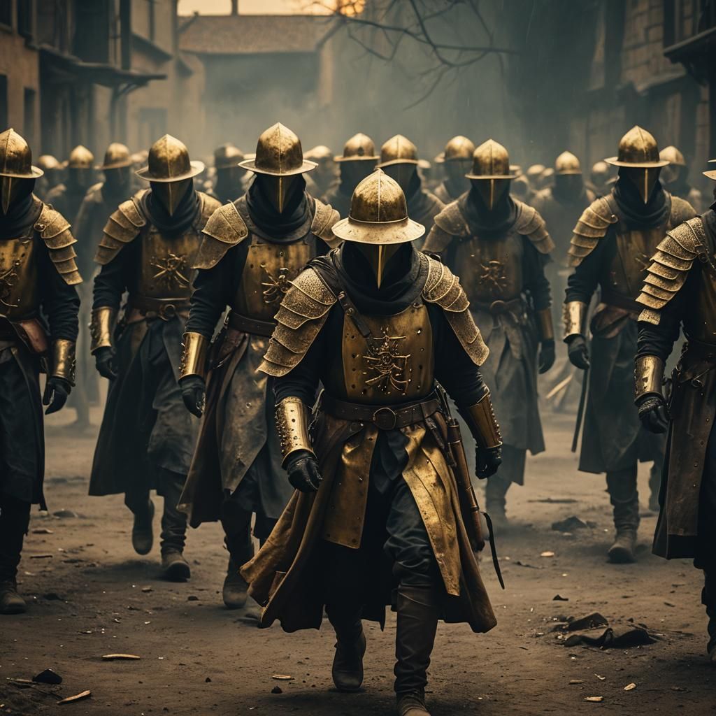 Plague Doctors in Gold Armor Marching to War