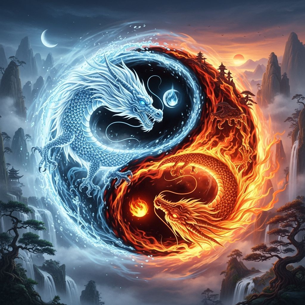 Intertwined Dragons Form Yin Yang Symbol in Fantasy Art