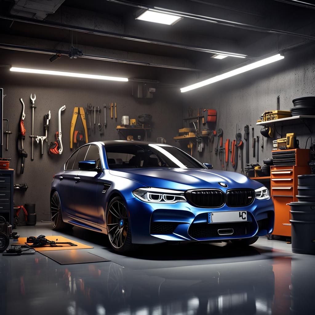 Cartoon BMW M5 in Old Garage: Detailed Matte Painting