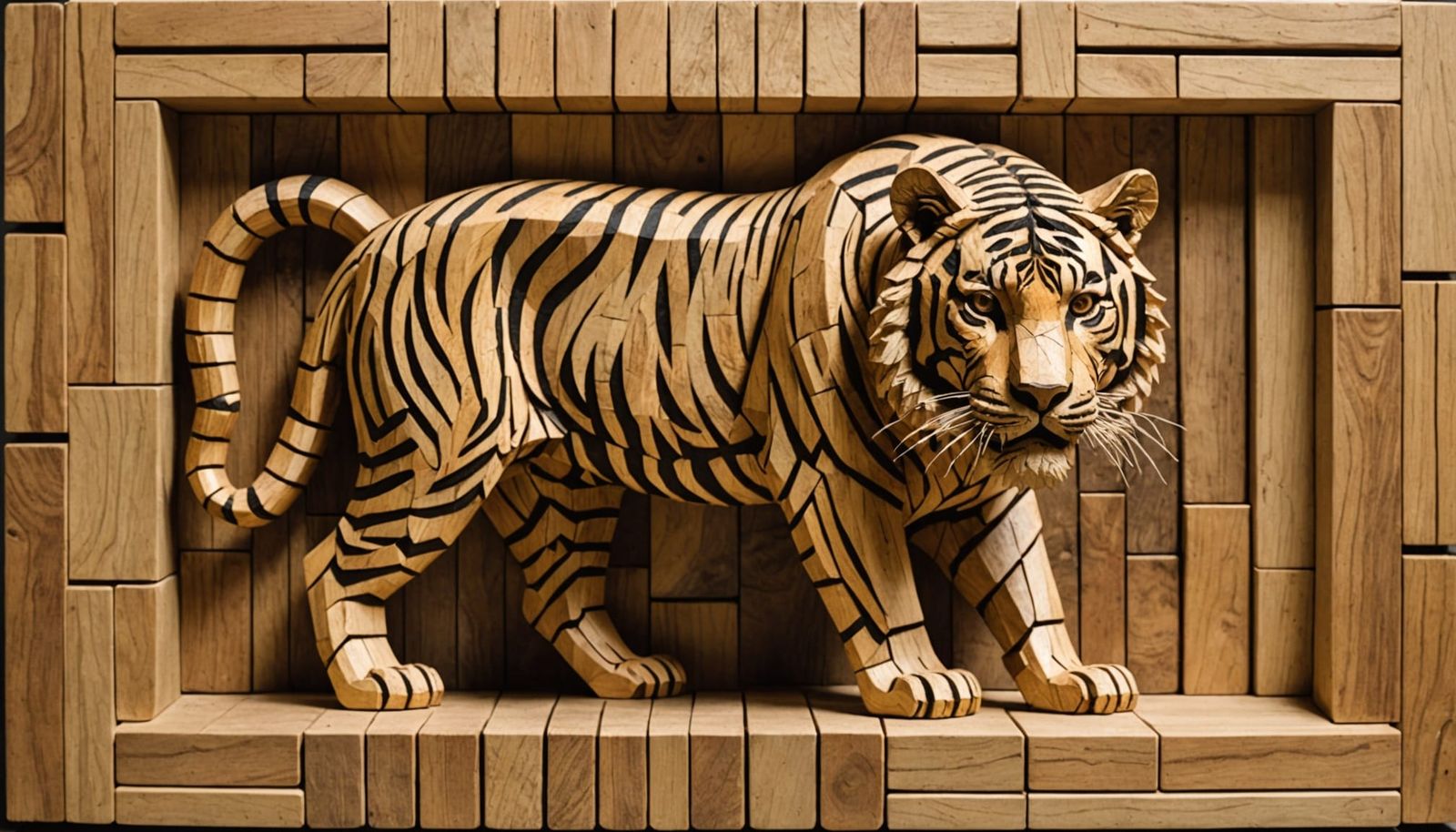 Tiger Sculpture Constructed from Wooden Blocks