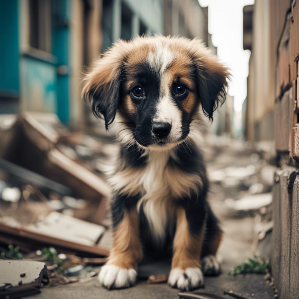 Sad Puppy in Abandoned City