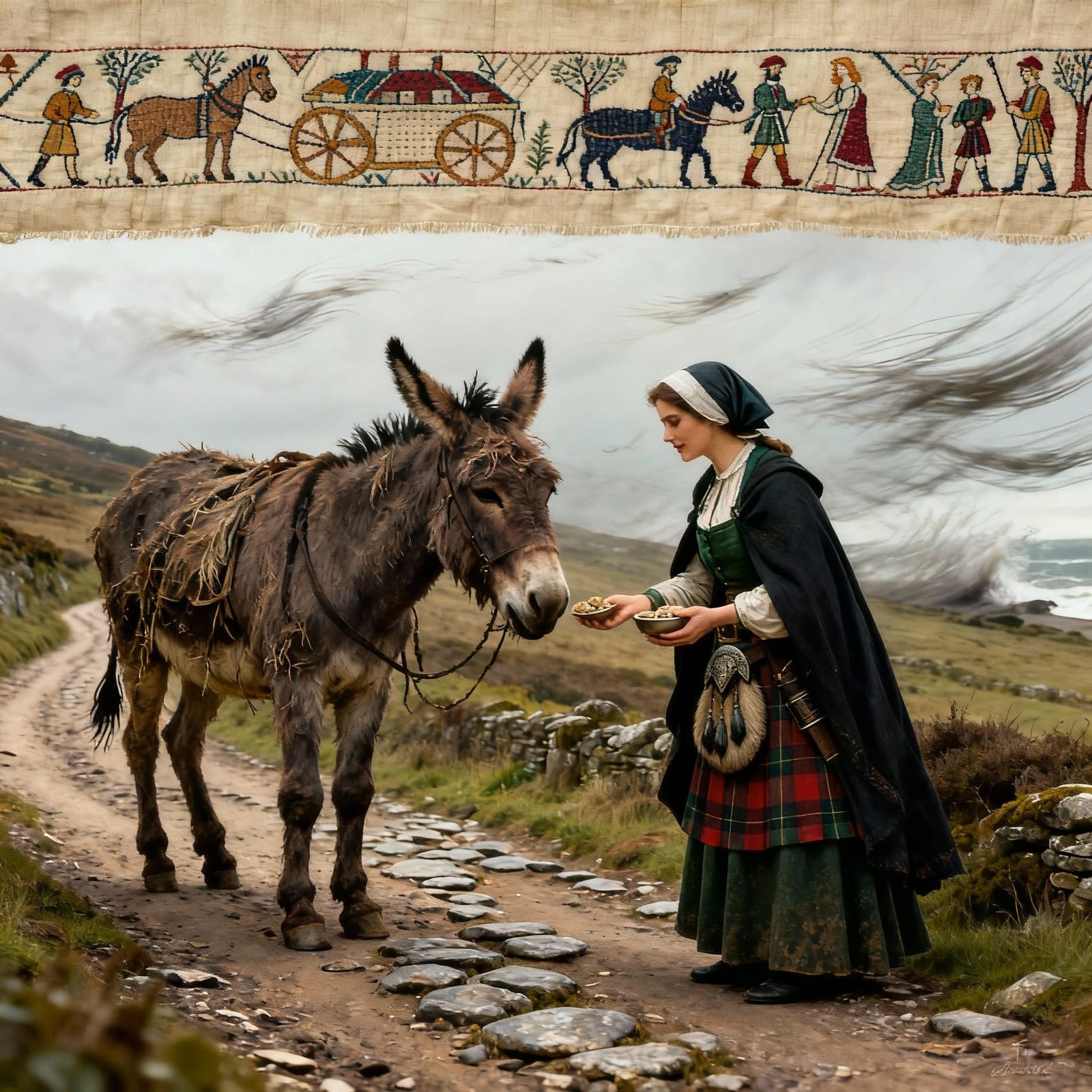 Irish Woman Shares Rations with Donkey on Ancient Road