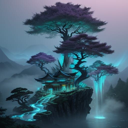 Bioluminescent Dragon Coiled Around Japanese Temple