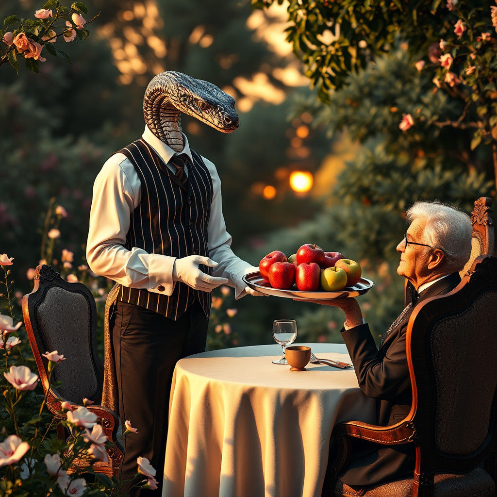 Serpent Waiter Serves Apples in Garden at Sunset