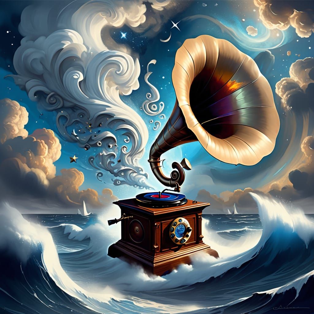 Surreal Ocean Dreamscape with Cosmic Gramophone in Oil