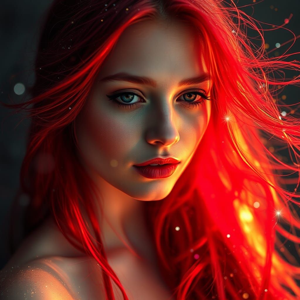 Ethereal Woman with Flowing Red Hair, Hyperrealistic Airbrus...