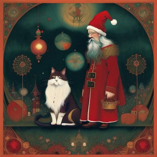 Santa Cat: Detailed Collage Art in Vibrant Colors
