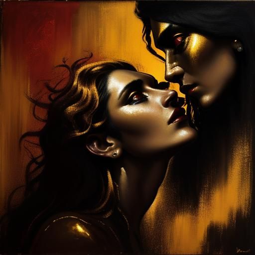 Two Women in Smoky Atmosphere: Surreal Oil Painting