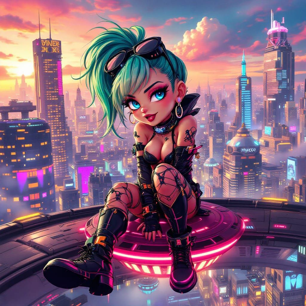 Chibi Bounty Hunter Jinx in Cyberpunk Metropolis