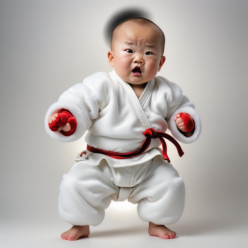Crying Toddler in Kung Fu Outfit on Cloud