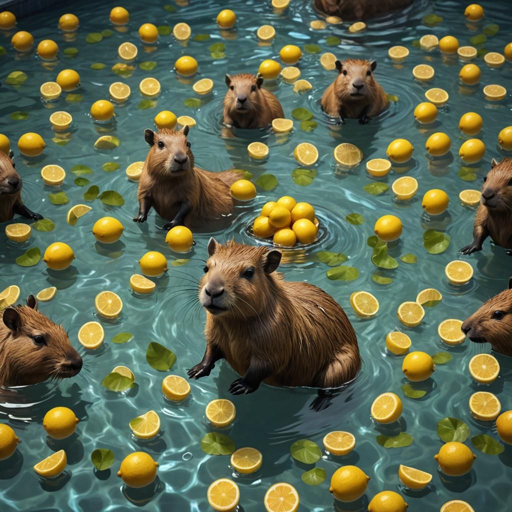 Capybara Baby's Lemon Pool: Detailed Matte Painting