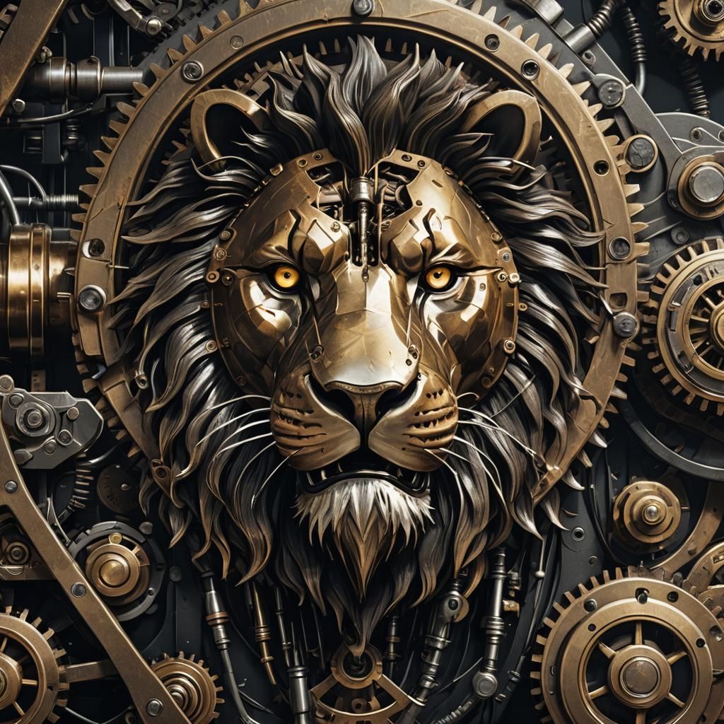 Detailed Mechanical Lion Head in Industrial Concept Art