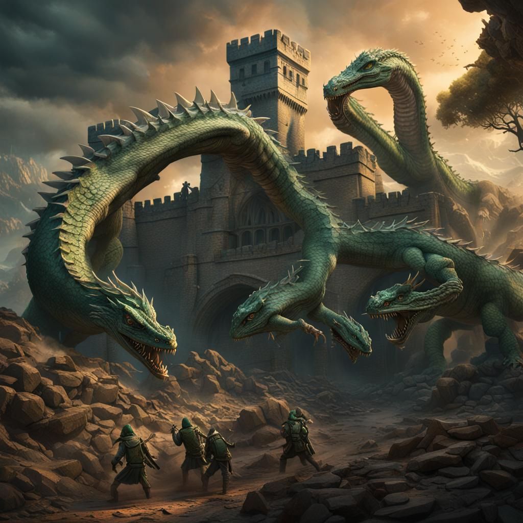 Hydra Attacks Lizard Men Fortress: Detailed Matte Painting