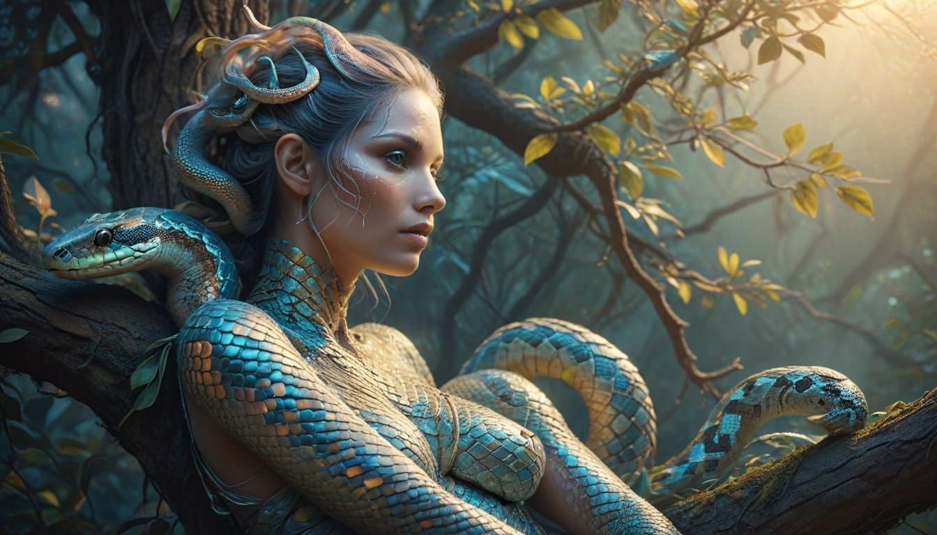 Dreamlike Fantasy Scene with Pastel Snake Woman