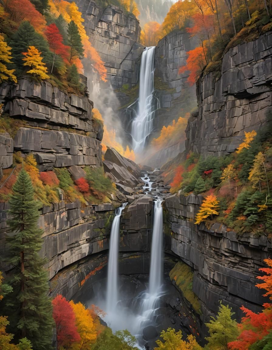 Majestic Waterfall in Autumn Sunlight: Cinematic View