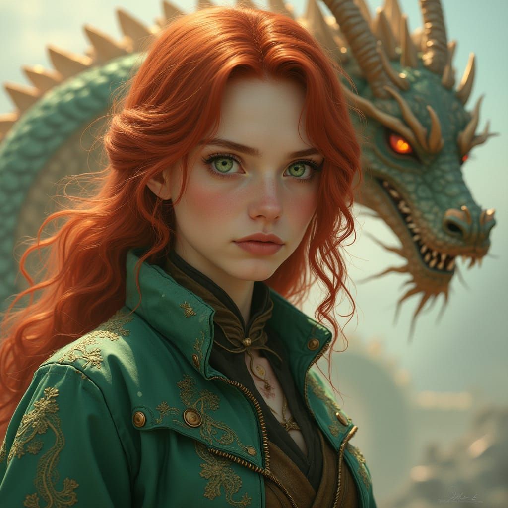Mysterious Red-Haired Woman with Dragon Embroidery in Tradit...