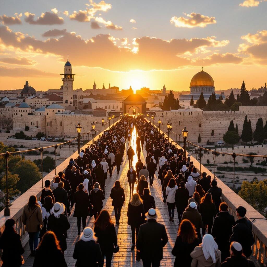 Jewish People Gather on Jerusalem's String Bridge at Sunset