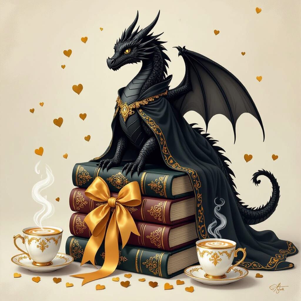 Black Dragon on Books in Dreamy, Whimsical Style