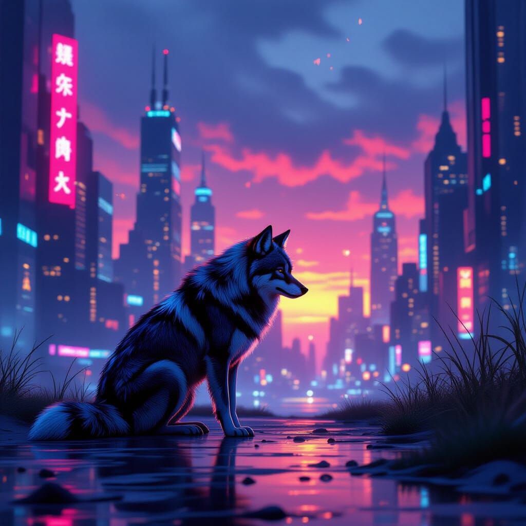 Futuristic Lone Wolf in Neon Cityscape