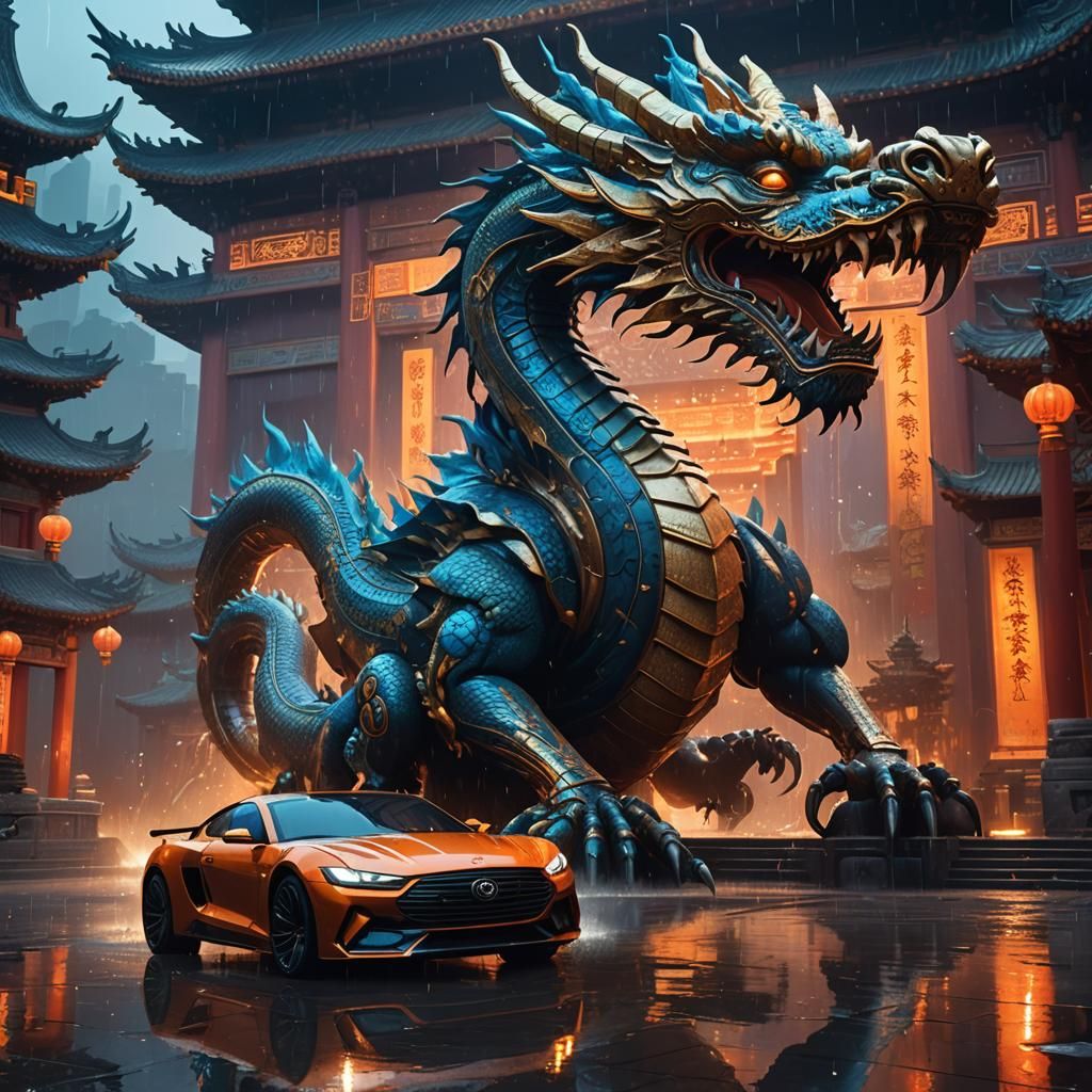 Futuristic Car at Chinese Temple in Neon Rain