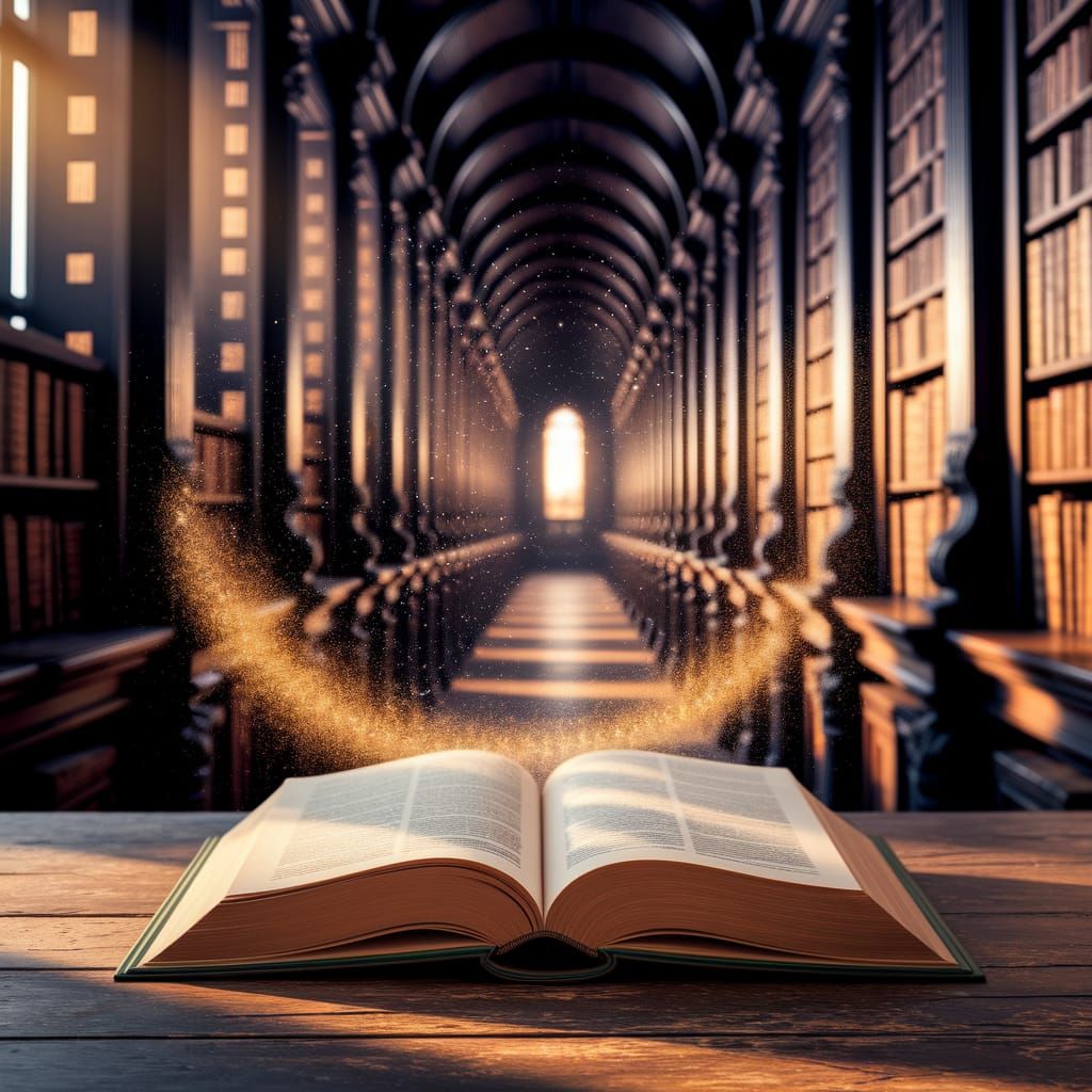Ethereal Library: Dancing Light and Golden Dust