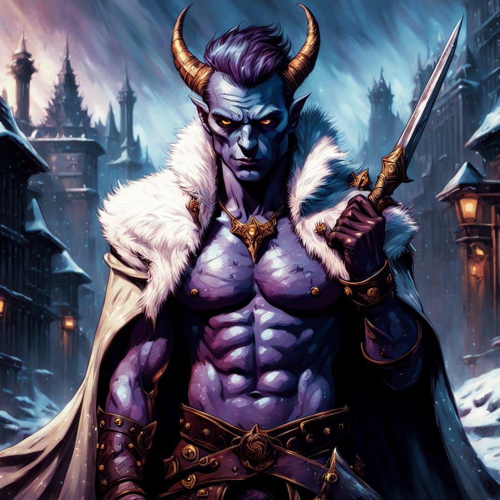 Epic Tiefling Warrior Stands Tall in Snowy Landscape