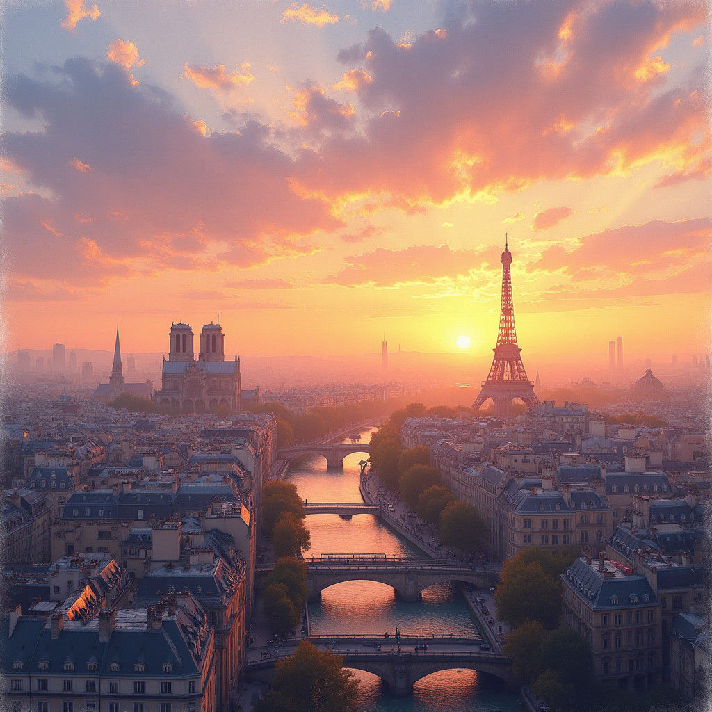 Paris Skyline Sunset in Impressionistic Style