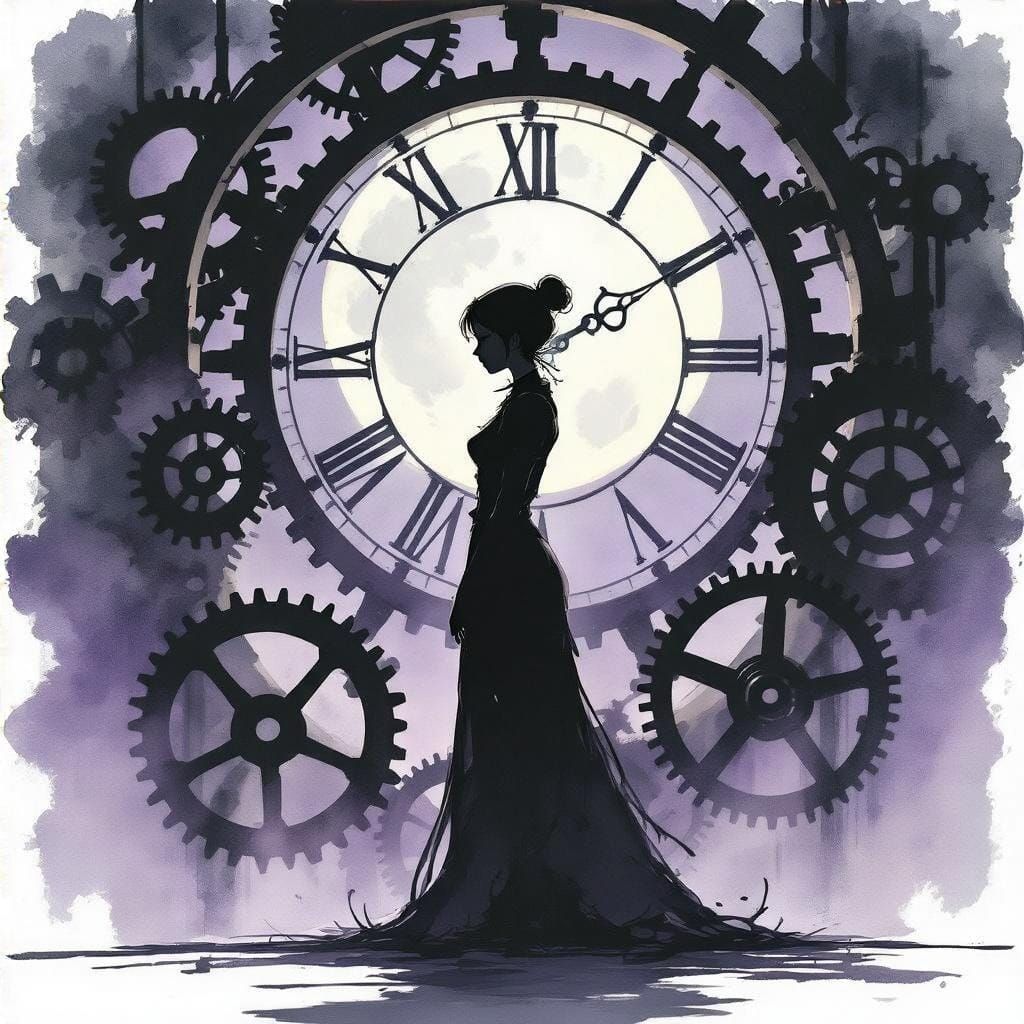 Moonlit Clockwork Keeper in Ink and Watercolor