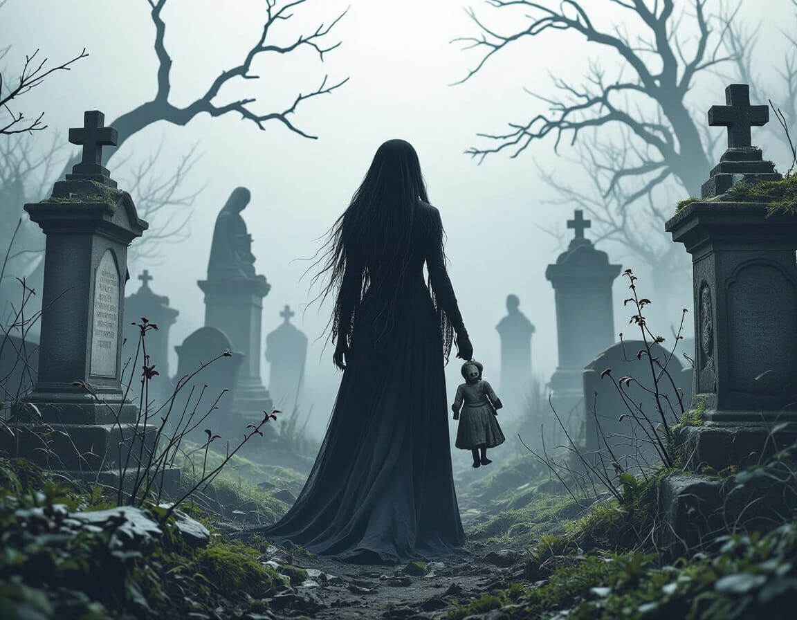 Eerie Cemetery Ghost Woman in Dark Fantasy Style