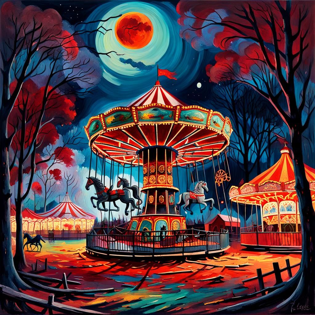 Eerie Carnival Ablaze: A Fauvist Gouache Painting