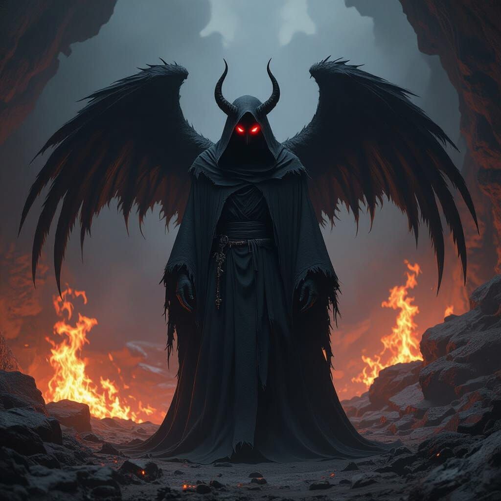 Demonic Figure in Burning Cave: Dark Fantasy Art