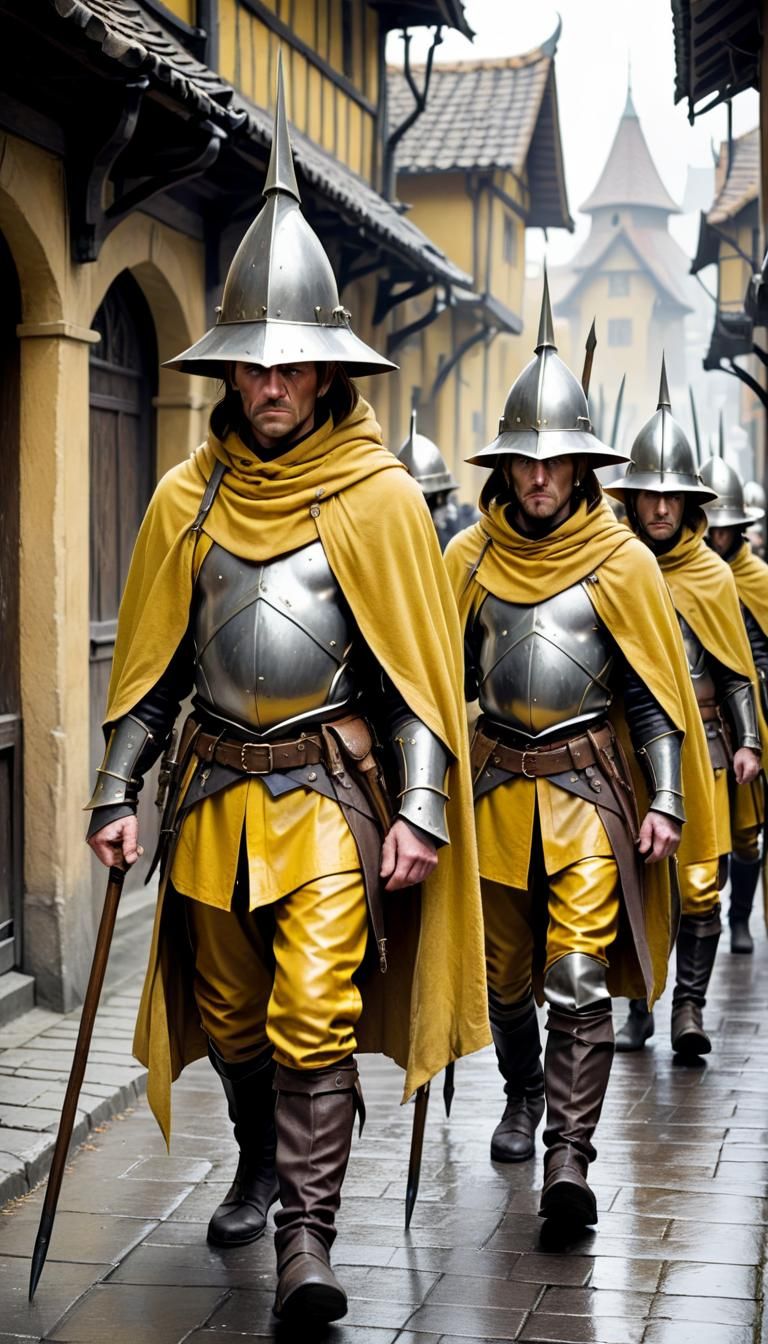Miserable Fantasy City Guards with Yellow Cloaks
