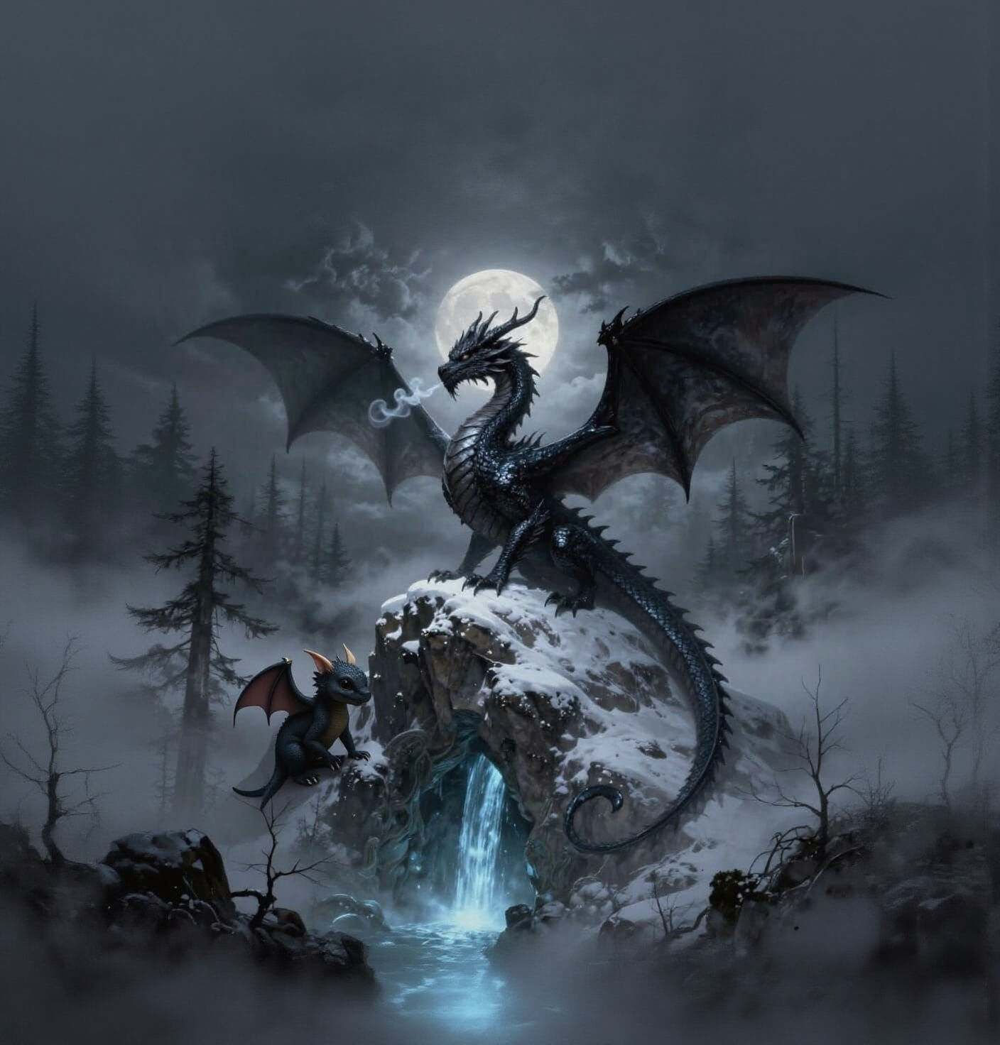 Obsidian Dragon on Snowy Peak, Epic Fantasy Art