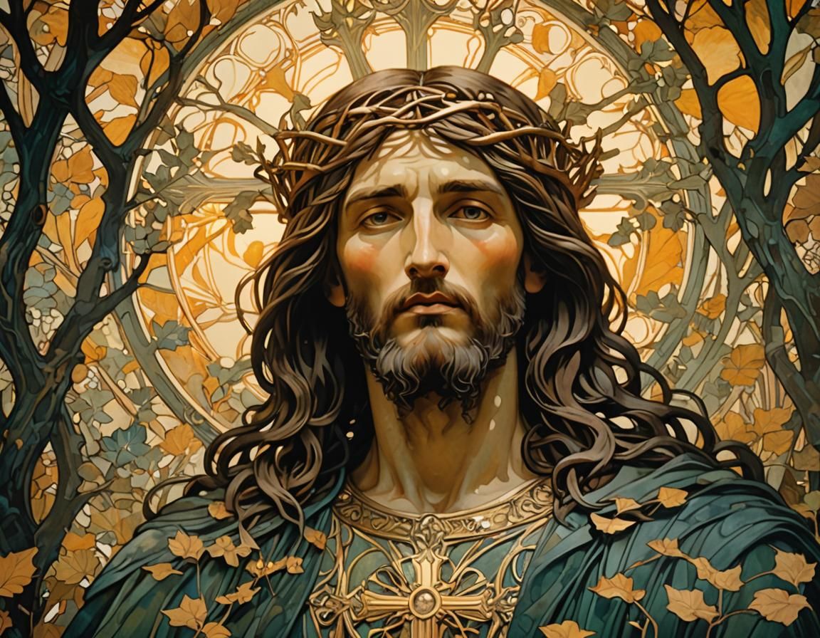 Christ in Mystical Forest: Art Nouveau Style