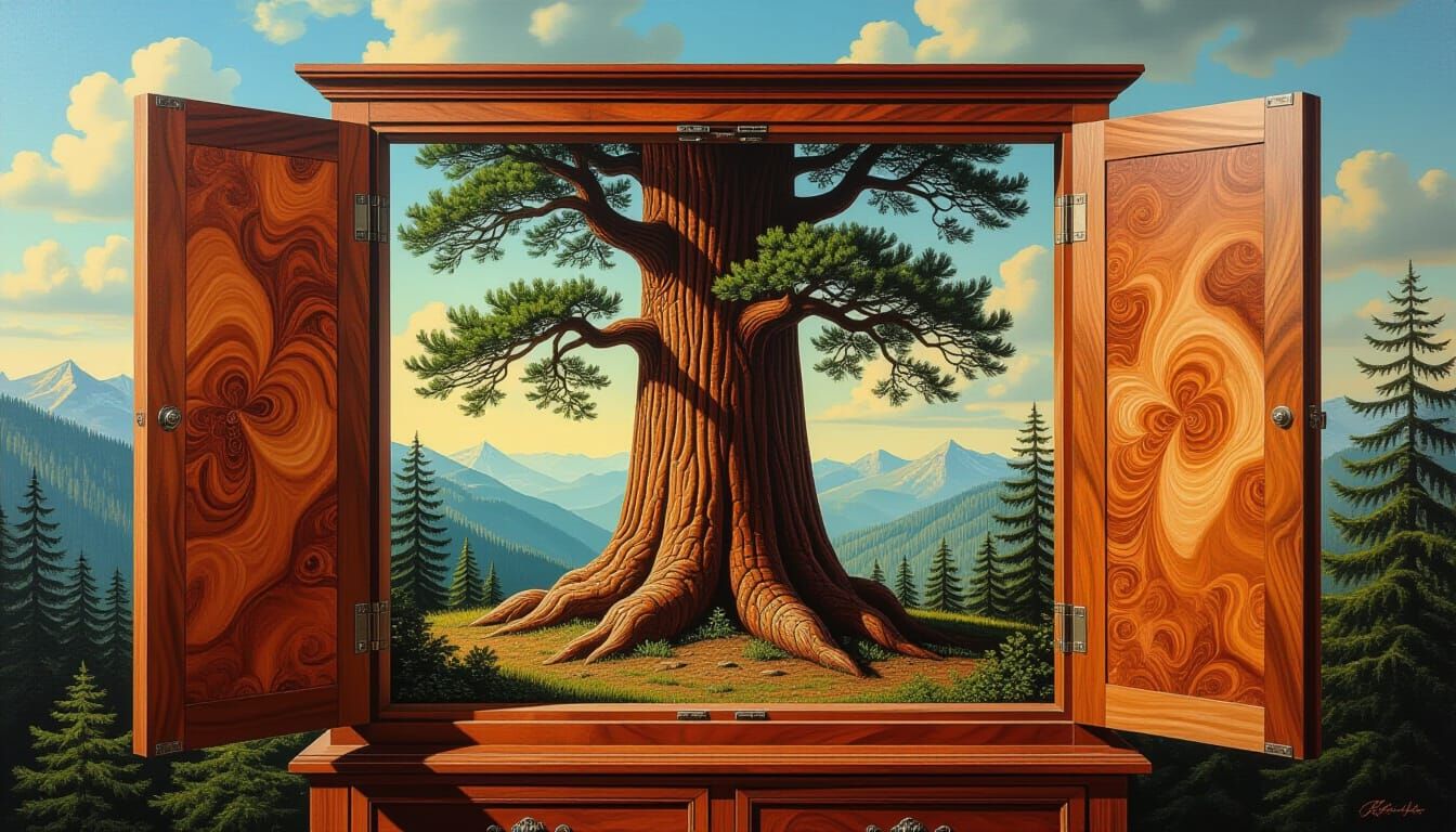 Redwood Tree in Burl Cabinet: Surreal Mixed Media Art
